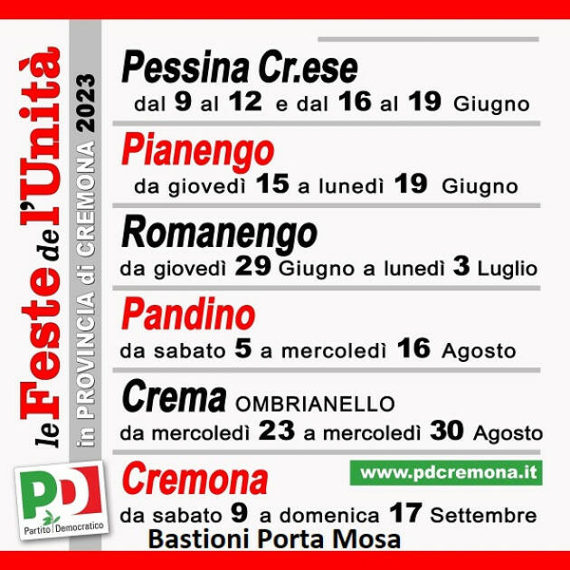 #PD Cremona  Feste dell’Unità ed iniziative fino al 19 giugno 2023