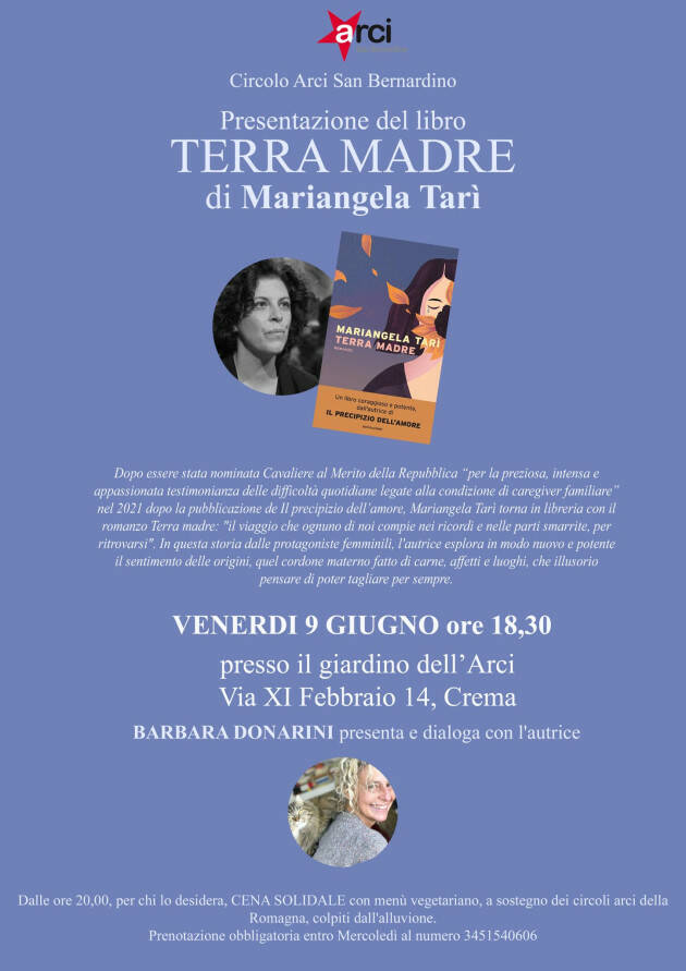 Crema Arci  San Bernardino presenta libro Terra Madre di Mariangela Tarì 