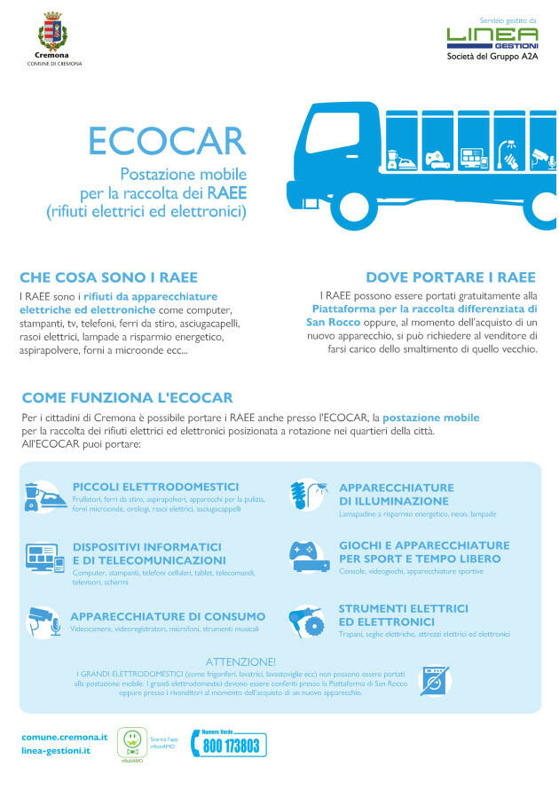 (CR) Raccolta RAEE: il 24 giugno l’Ecocar è in via Novati