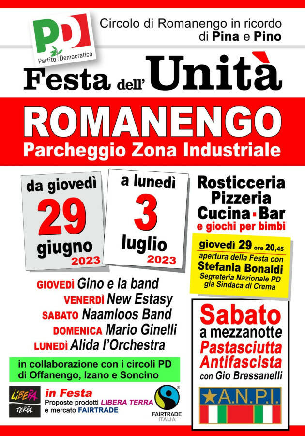 Romanengo Ritorna Festa Unità 2023 Stefania Bonaldi (#PD) presente il 29 giugno