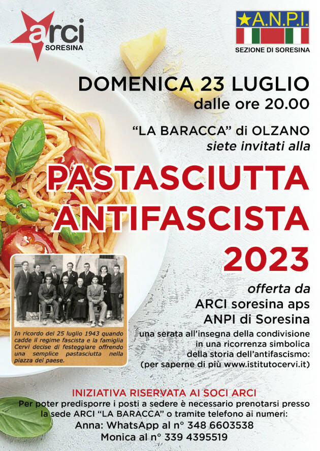 Pastasciutta Antifascista  Casa Cervi anche a Soresina 25 luglio 2023 