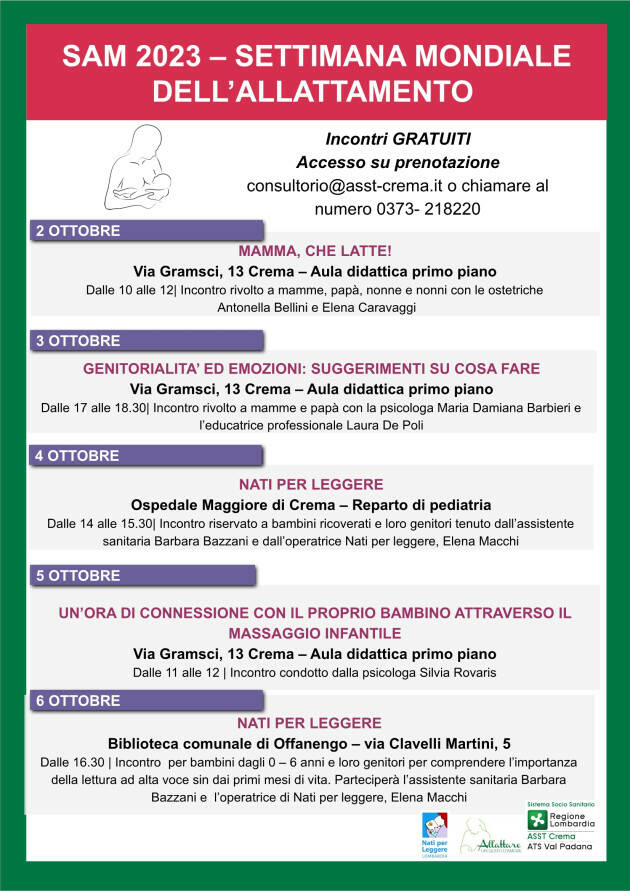 Consultorio Asst Crema, gli appuntamenti per la Settimana mondiale dell’allattamento