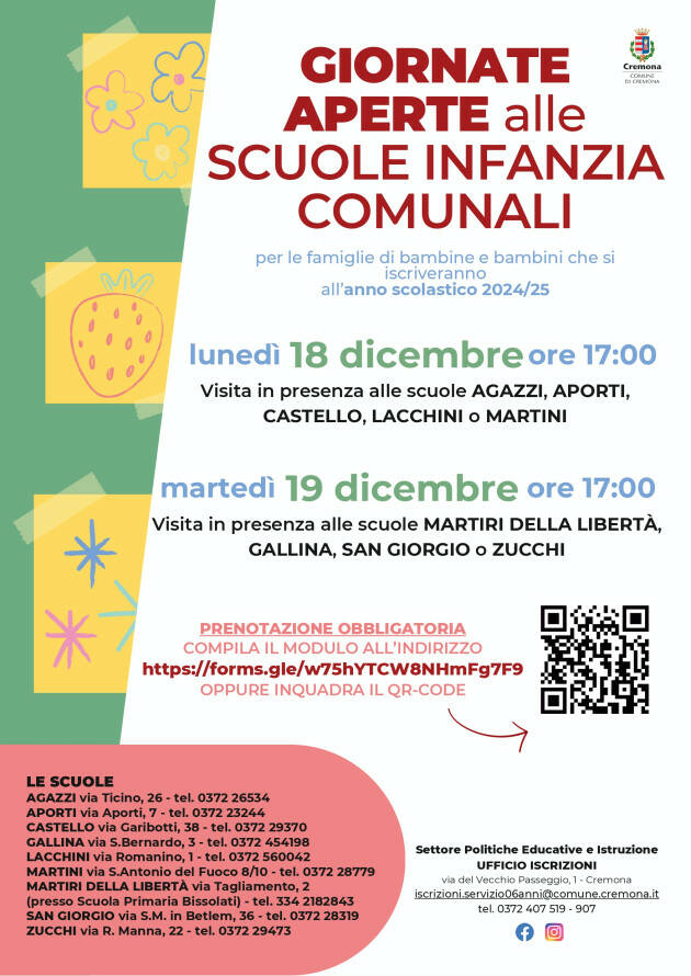(CR) Il 18 e 19 dicembre giornate aperte alle scuole infanzia comunali comunali