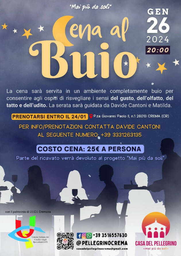 Uiccr Cena al buio  presso la Casa del Pellegrino di Crema