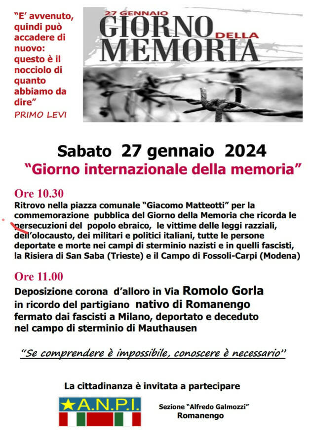 Anpi Romanengo per il 'Giorno Internazionale della Memoria' del 27 gennaio 2024