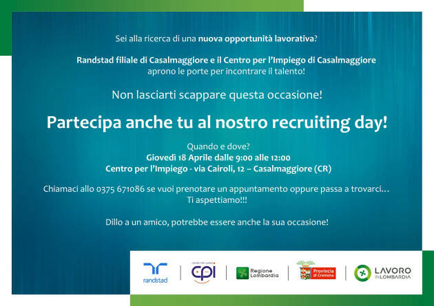 Recruiting Day presso il CPI  Casalmaggiore in collaborazione con Randstad