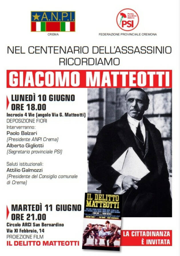 ANPI Crema COMUNICATO STAMPA iniziativa centenario assassinio Matteotti