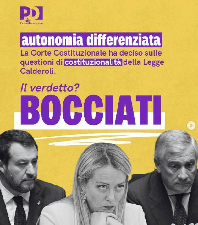  Consulta: Sereni (PD), autonomia smontata pezzo per pezzo da Corte, Calderoli si dimetta