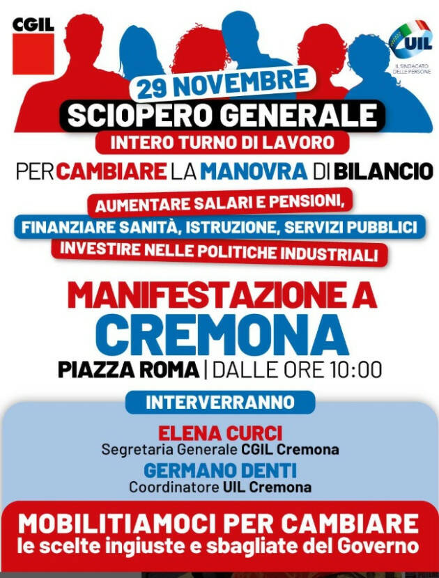 29 novembre: CGIL e UIL in sciopero generale  anche a Cremona Manifestazione