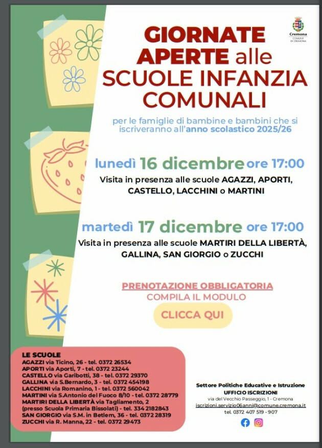 (CR) Il 16 e 17 dicembre giornate aperte alle scuole infanzia comunali comunali