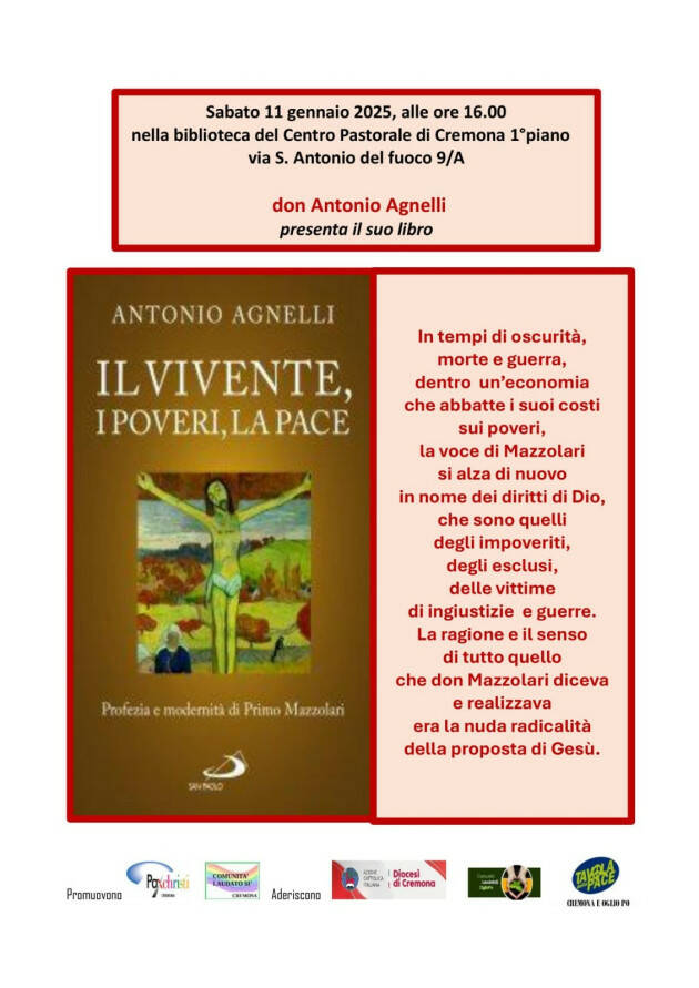 (CR) Don Antonio Agnelli presenterà il suo libro “IL VIVENTE, I POVERI, LA PACE.