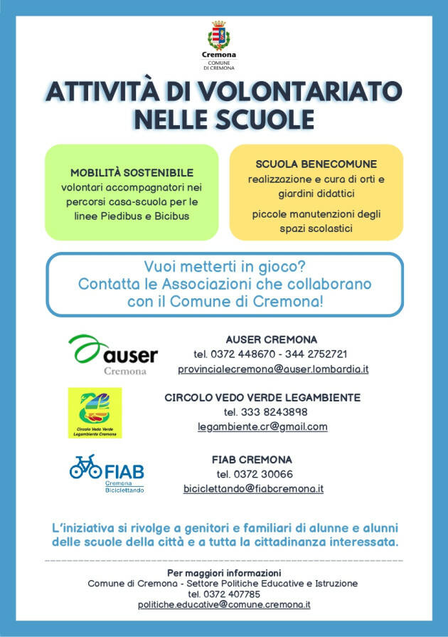 (CR) Volontariato nelle scuole, ecco le associazioni che collaborano con il Comune