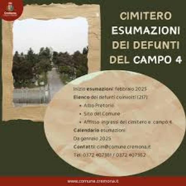 (CR) Dal 17 febbraio al 14 marzo esumazioni dei defunti Campo 4 del Civico Cimitero