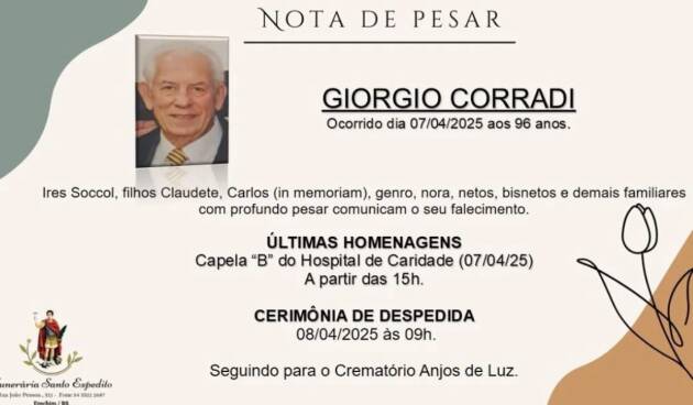 Erechim (Brasile  A 96 anni  Giorgio Corradi , nato a Cremona nel 1928 , è mancato 