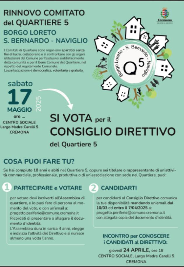 (CR) Rinnovo Comitato Quartiere n.5  il 24  aprile  incontro pubblico con i candidati