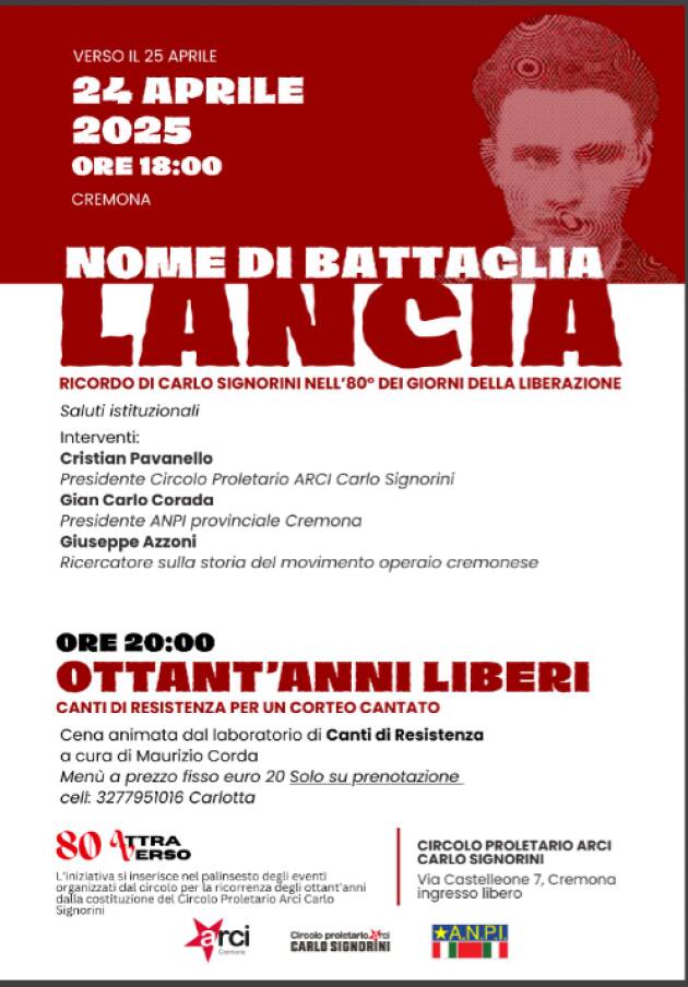Arci Signorini   24 aprile ore 18   Incontro pubblico 'Nome di battaglia: Lancia'