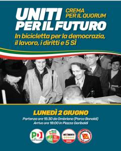 Crema 'Uniti per il futuro': il 2 giugno in bicicletta per la democrazia, il lavoro e i 5 SÌ