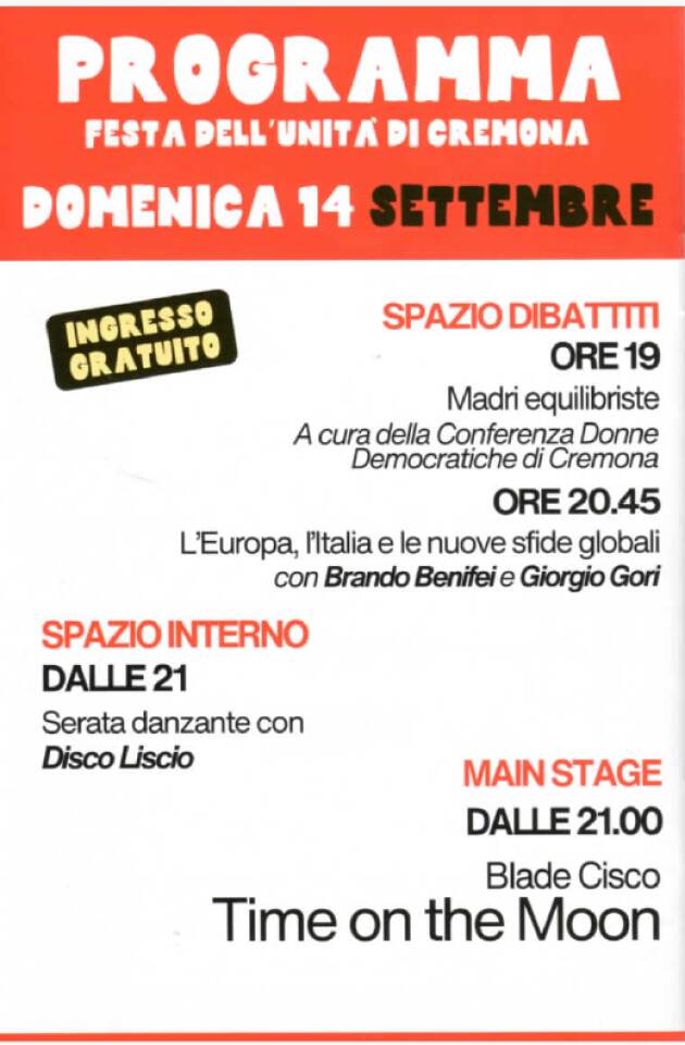 (CR) Ottant'anni di festa de l'Unità 2025 Stasera domenica 14 settembre 2025 