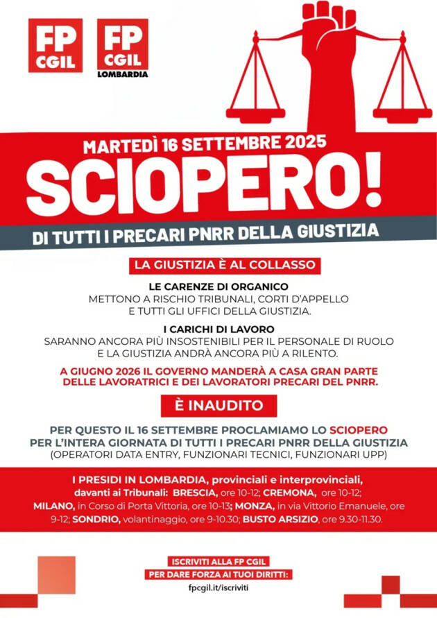 Fp Cgil Lombardia: Senza lavoro stabile la giustizia rischia il collasso'