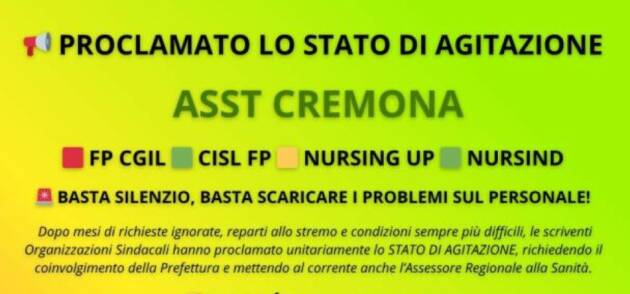 ASST Cremona: proclamato lo stato di agitazione del personale del comparto