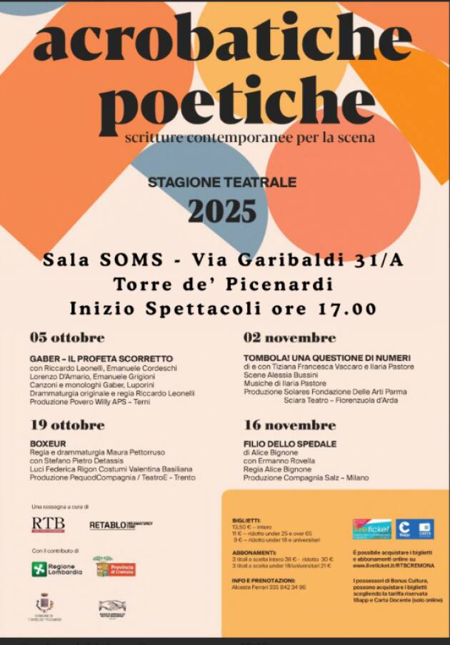 Inizia la stagione teatrale della SOMS di Torre de’ Picenardi Evento 5 ottobre