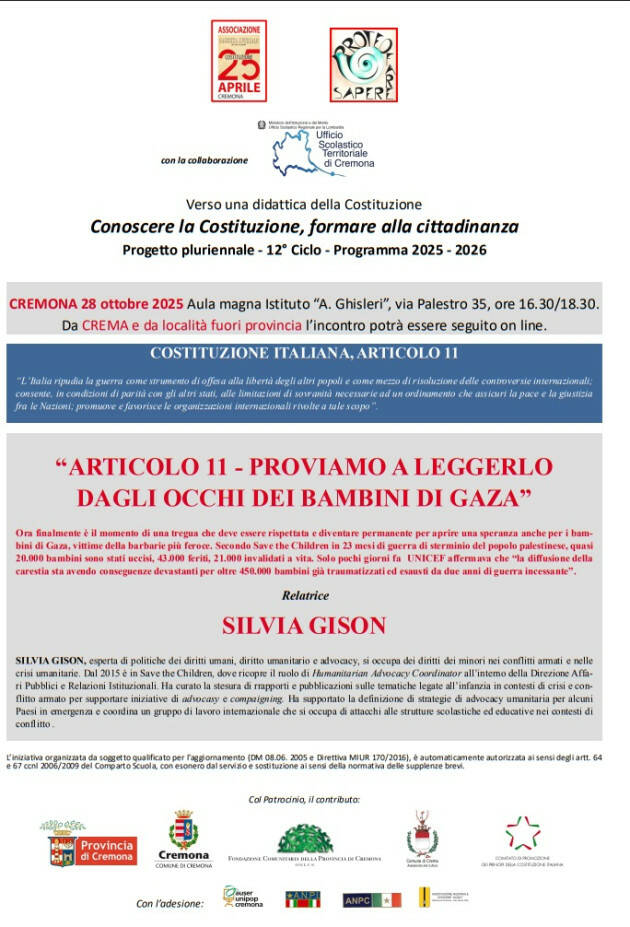 Ass. 25 aprile . Conferenza su Articolo 11 della Costituzione con  Silvia Gison 