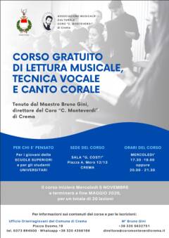 COMUNE E CORO MONTEVERDI PROPONGONO UN CORSO GRATUITO 
