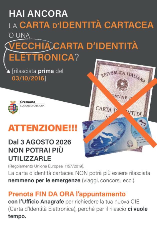 (CR) Dismissione carta d’identità cartacea e delle vecchie elettroniche (CIE)