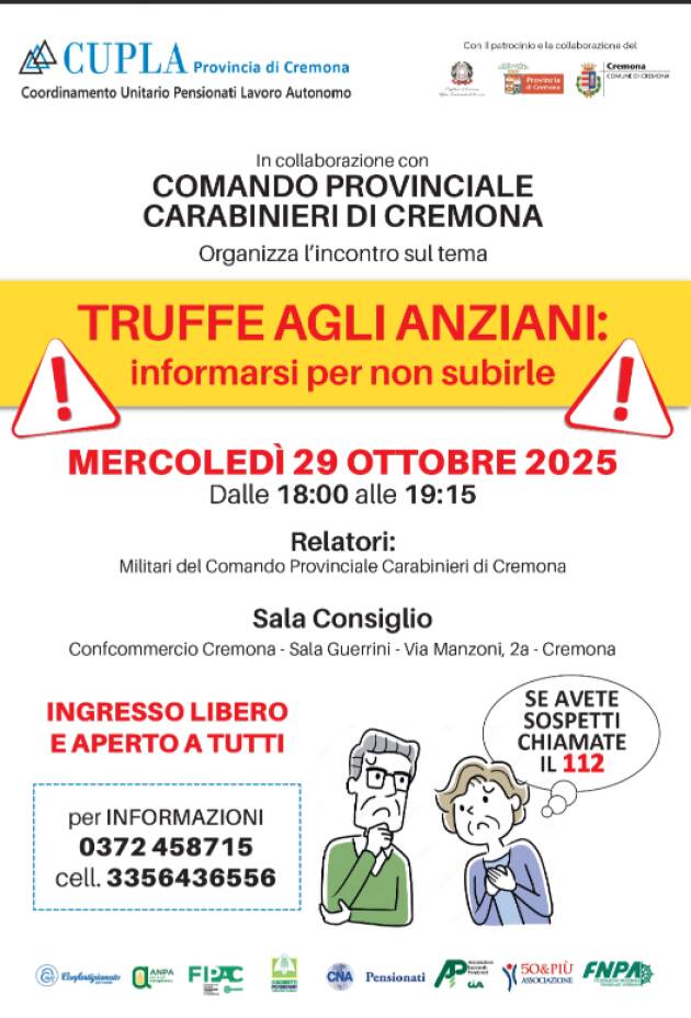 Anziani CUPLA Cremona segnala incontro contro le truffe agli anziani