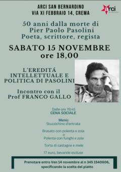 Crema L'eredità intellettuale e politica di Pasolini Conferenza del Prof Franco Gallo