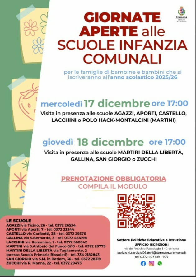 Cremona Il 17 e 18 dicembre giornate aperte nelle scuole infanzia comunali 