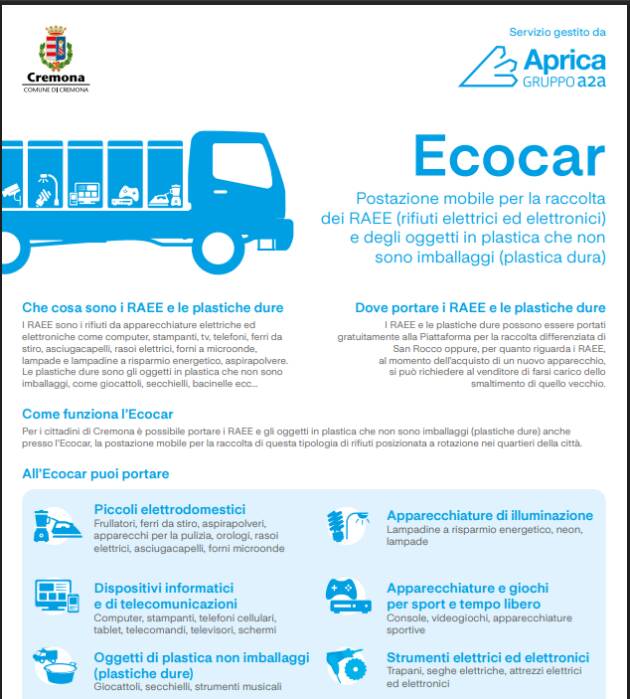 (CR) Raccolta RAEE e plastica dura, sabato 20 dicembre l’Ecocar è al Boschetto