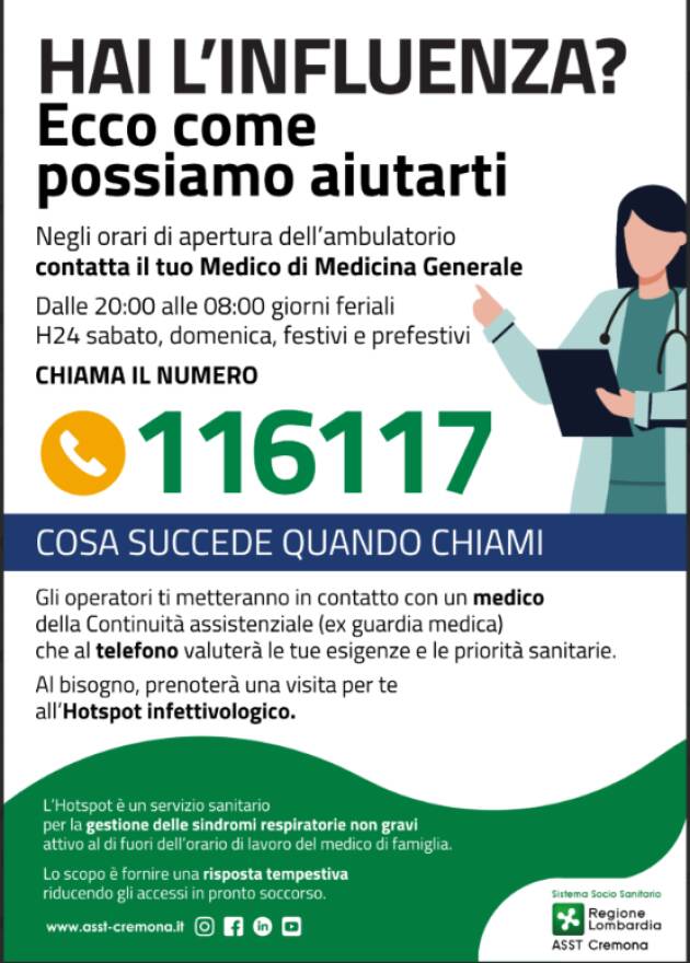 ASST Cremona HAI L’INFLUENZA? ECCO COME POSSIAMO AIUTARTI CHIAMA IL 116117