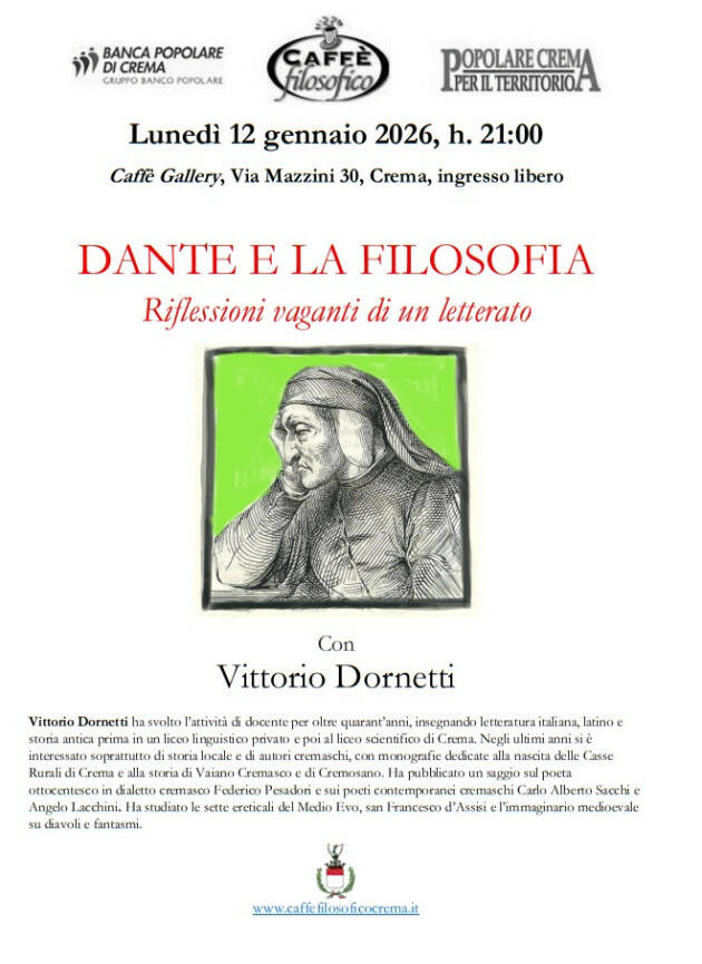 (Crema) Caffè Filosofico serata di lunedì 12 gennaio. Dornetti su Dante