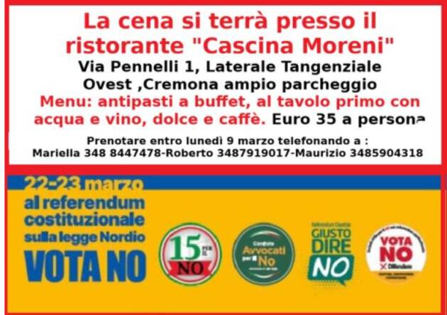 (CR) Referendum Le ragioni del NO Cena di Autofinanziamento il 12 marzo
