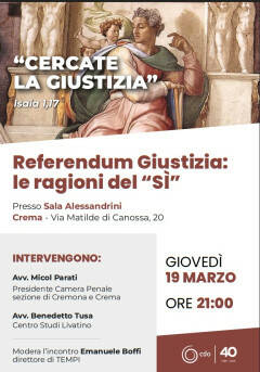 Referendum Giustizia: le ragioni del “sì” Incontro di approfondimento, a Crema,