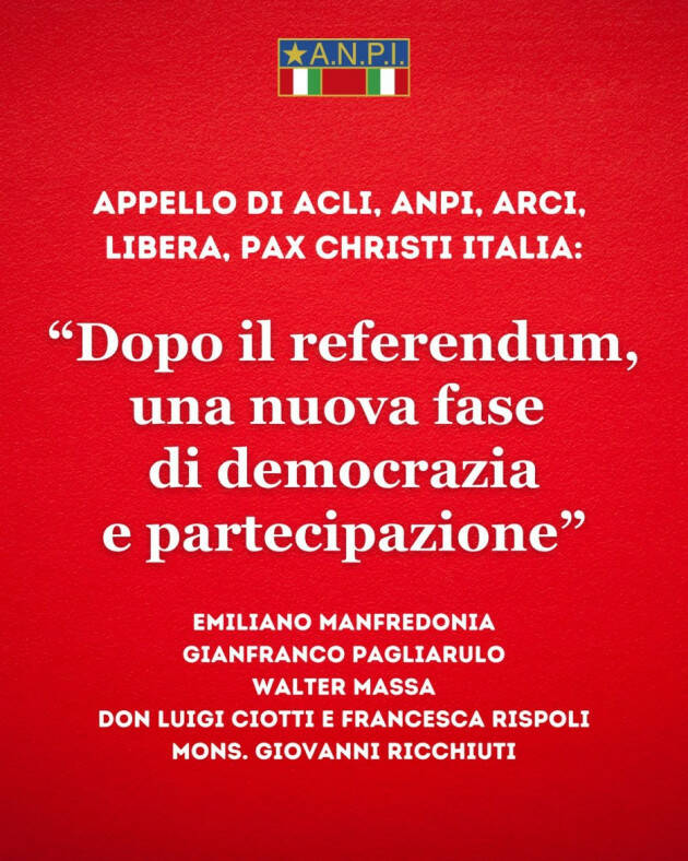 Dopo Referendum APPELLO DI ACLI, ANPI, ARCI, LIBERA, PAX CHRISTI ITALIA 