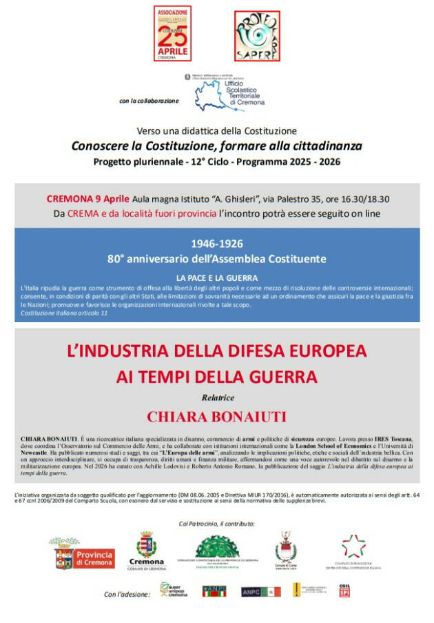 (CR) Ass.25 aprile Incontro Conoscere la Costituzione con CHIARA BONAIUTI 