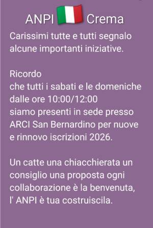 ANPI consiglia Alcune iniziative  a Crema e sul Cremasco da non perdere 