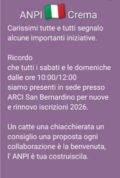 ANPI consiglia Alcune iniziative  a Crema e sul Cremasco da non perdere 