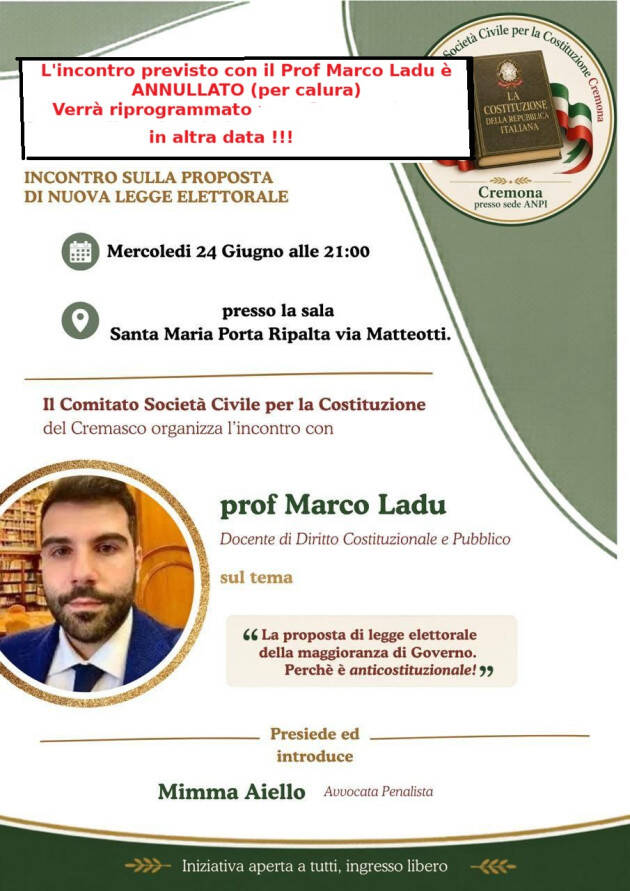 Incontro a Crema con il prof. Marco Ladu il 24 giugno è ANNULLATO per calura