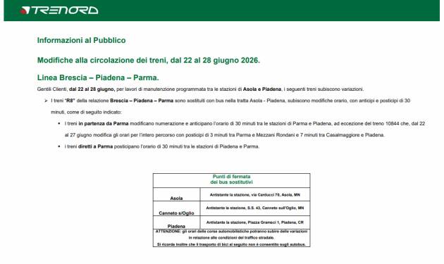 LINEA BRESCIA-PIADENA-PARMA/ MODIFICHE  CIRCOLAZIONE DEI TRENI 