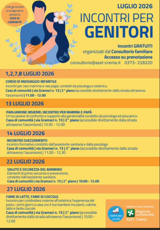 Crema Consultorio, gli eventi del mese di luglio 2026