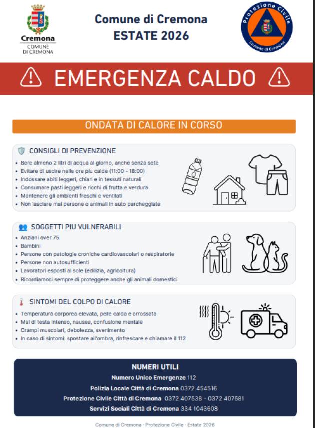 (CR) Emergenza caldo, tutte le informazioni utili sul sito e sui canali social del Comune