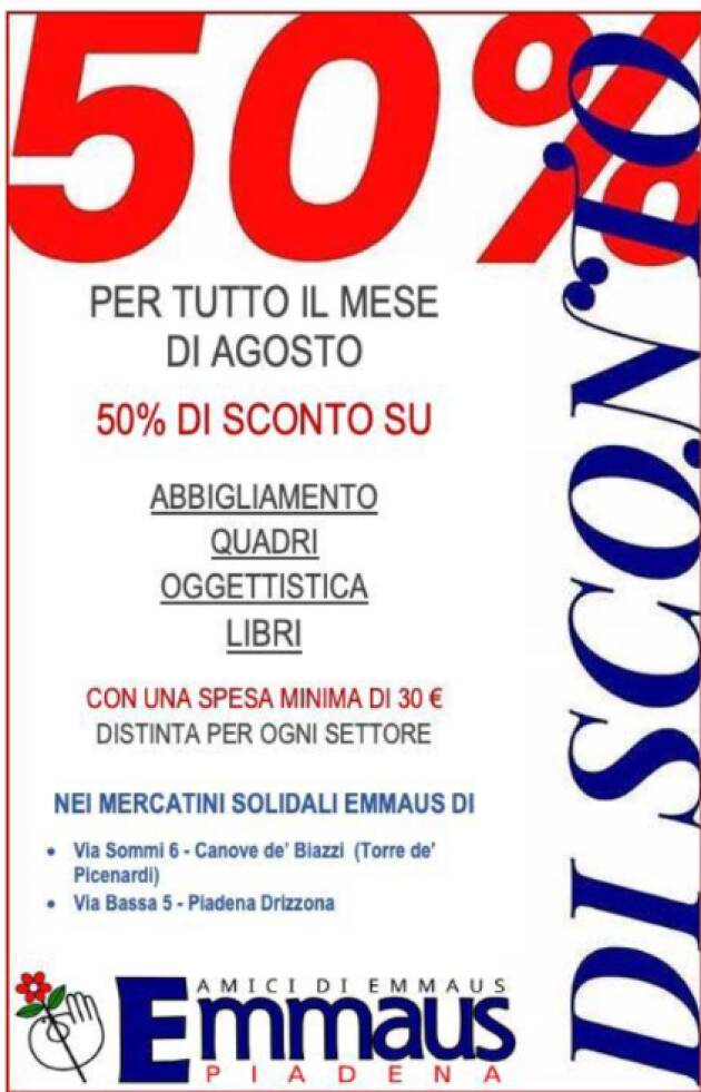 EMMAUS IN AGOSTO OGGETTISTICA, LIBRI, ABBIGLIAMENTO E QUADRI SCONTATI