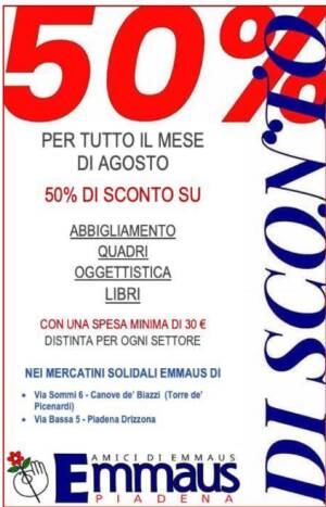EMMAUS IN AGOSTO OGGETTISTICA, LIBRI, ABBIGLIAMENTO E QUADRI SCONTATI 