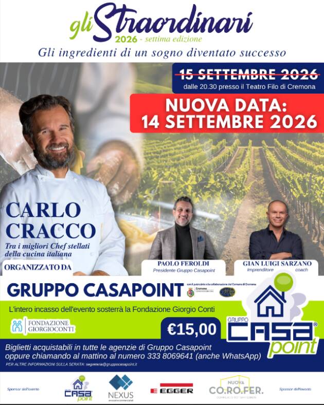 (CR) L'evento  'Gli Straordinari' con Carlo Cracco anticipato al 14 settembre
