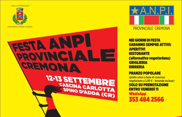(CR) Festa provinciale Anpi 12 -13 SETTEMBRE 2026 a Spino d'ADDA