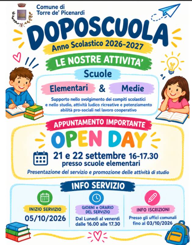 TORRE – Riparte il doposcuola comunale anche per l'AS 2026-2027