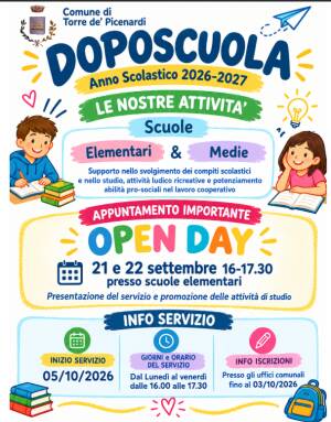 TORRE – Riparte il doposcuola comunale anche per l'AS 2026-2027